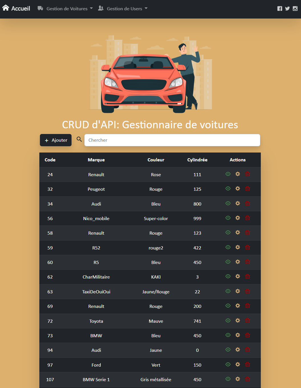 Screenshot d'une API consommée sous forme de tableau