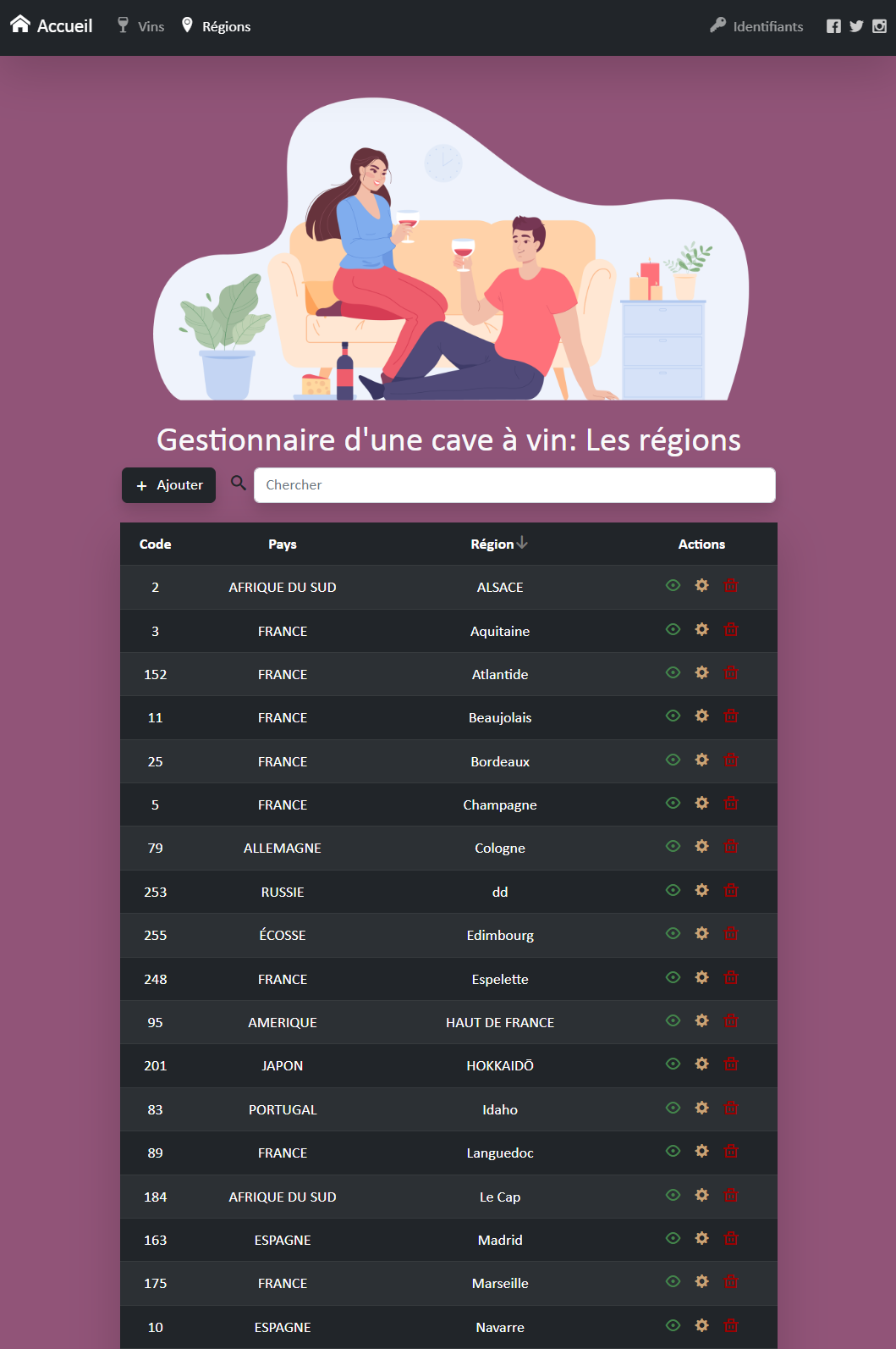 Screenshot d'un site de gestion d'une cave à vin