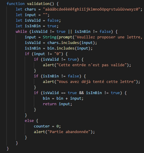 Screenshot du code du pendu